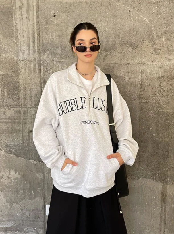 Loose Fit Bubble Lusion Collared Jumper / Gray