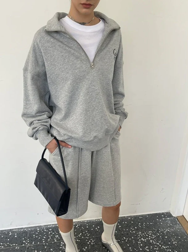 Loose Fit Cgh Quarter Zip Sweatshirt + Short Set / Gray
