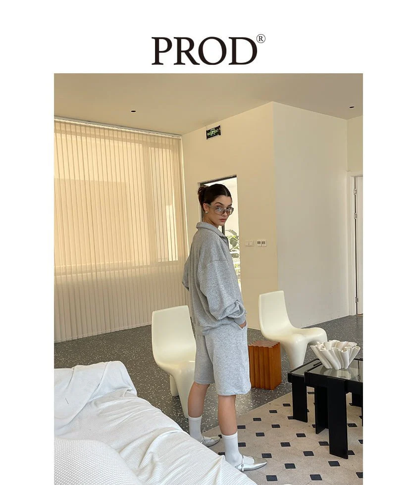 Loose Fit Cgh Quarter Zip Sweatshirt + Short Set / Gray - Image 6