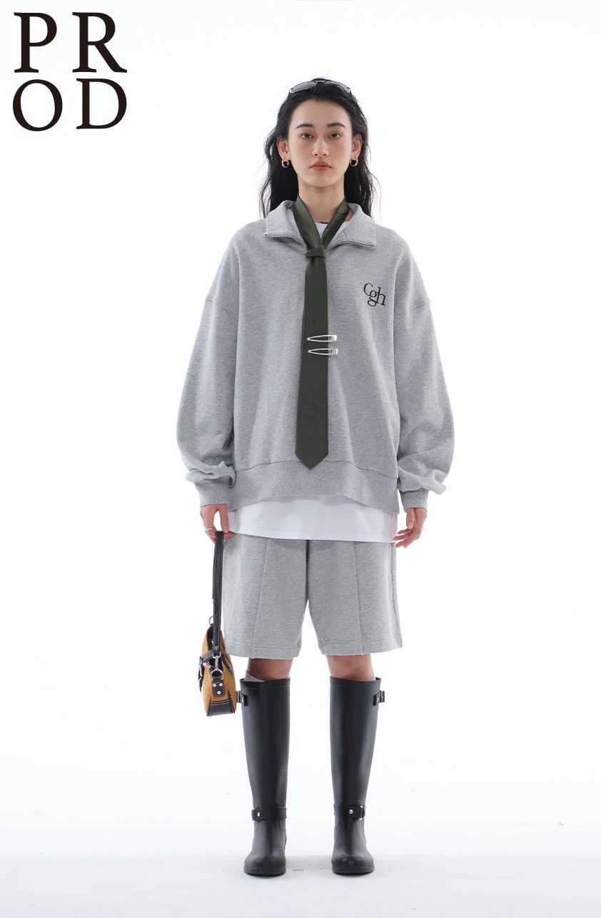 Loose Fit Cgh Quarter Zip Sweatshirt + Short Set / Gray - Image 7