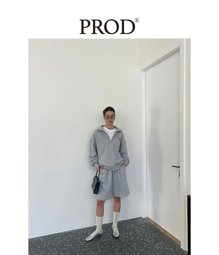 Loose Fit Cgh Quarter Zip Sweatshirt & Short Set / Gray - Image 4