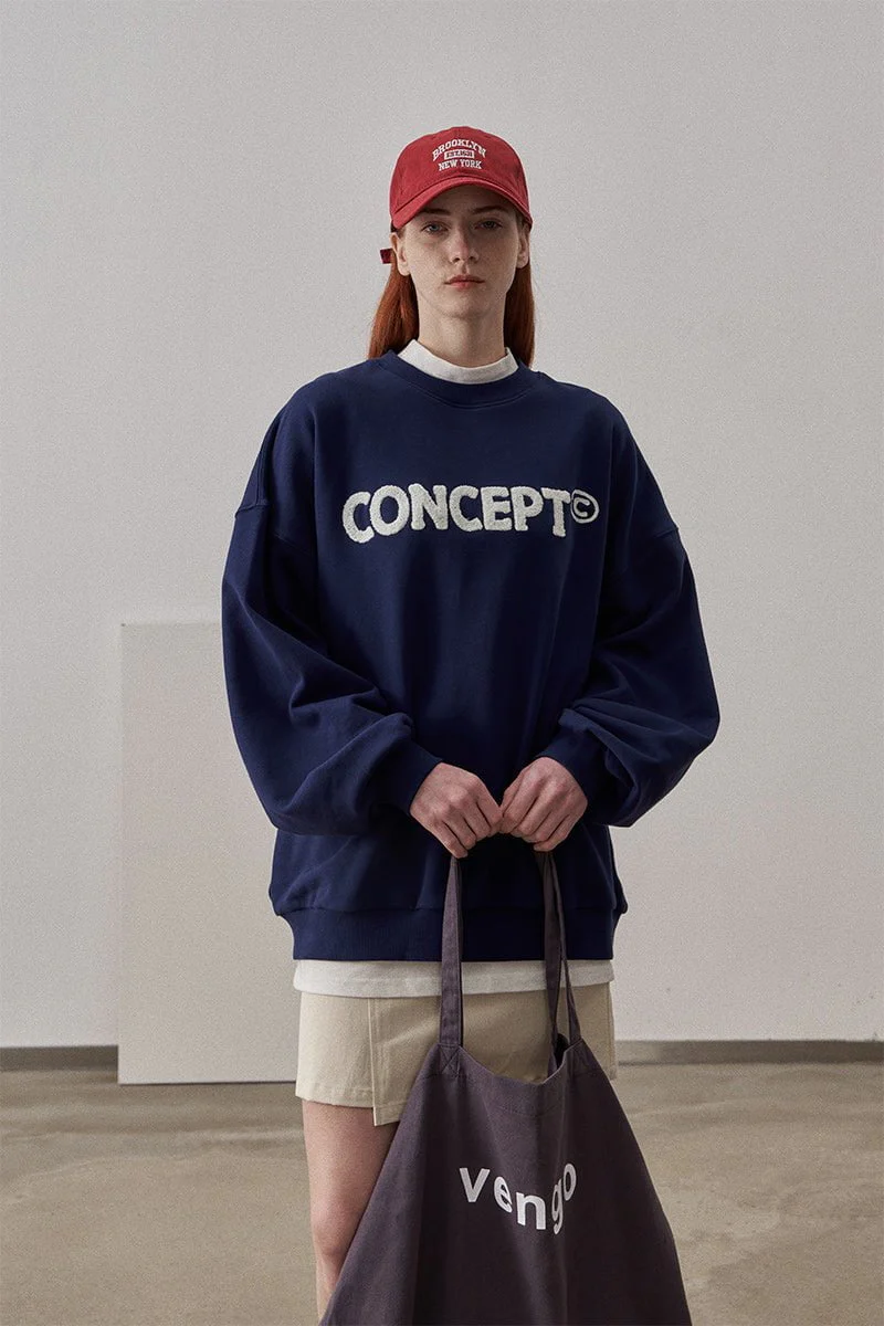 Loose Fit Concept Plush Embroidered Sweatshirt / Navy Blue - Image 2