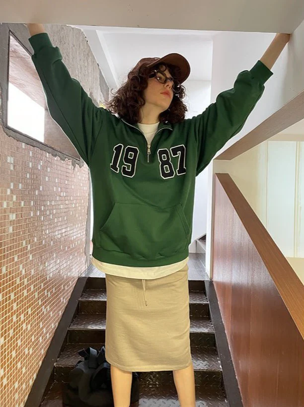 Loose Fit 1987 Quarter Zip Sweatshirt / Forest Green