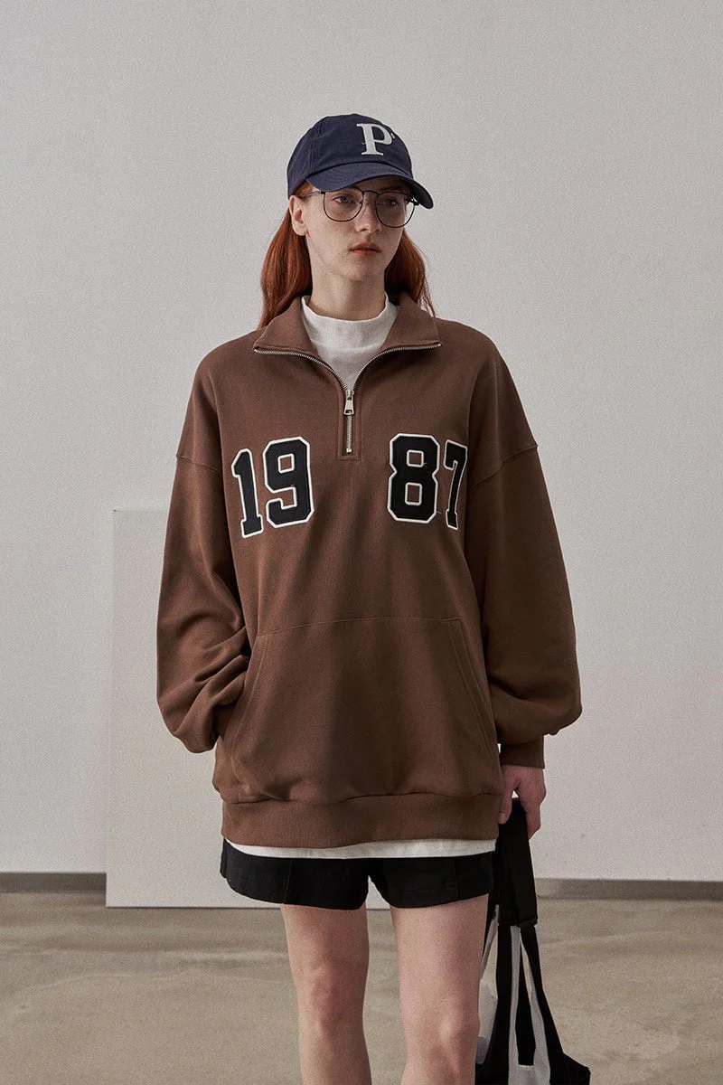 Loose Fit 1987 Quarter Zip Sweatshirt / Caramel Brown - Image 3