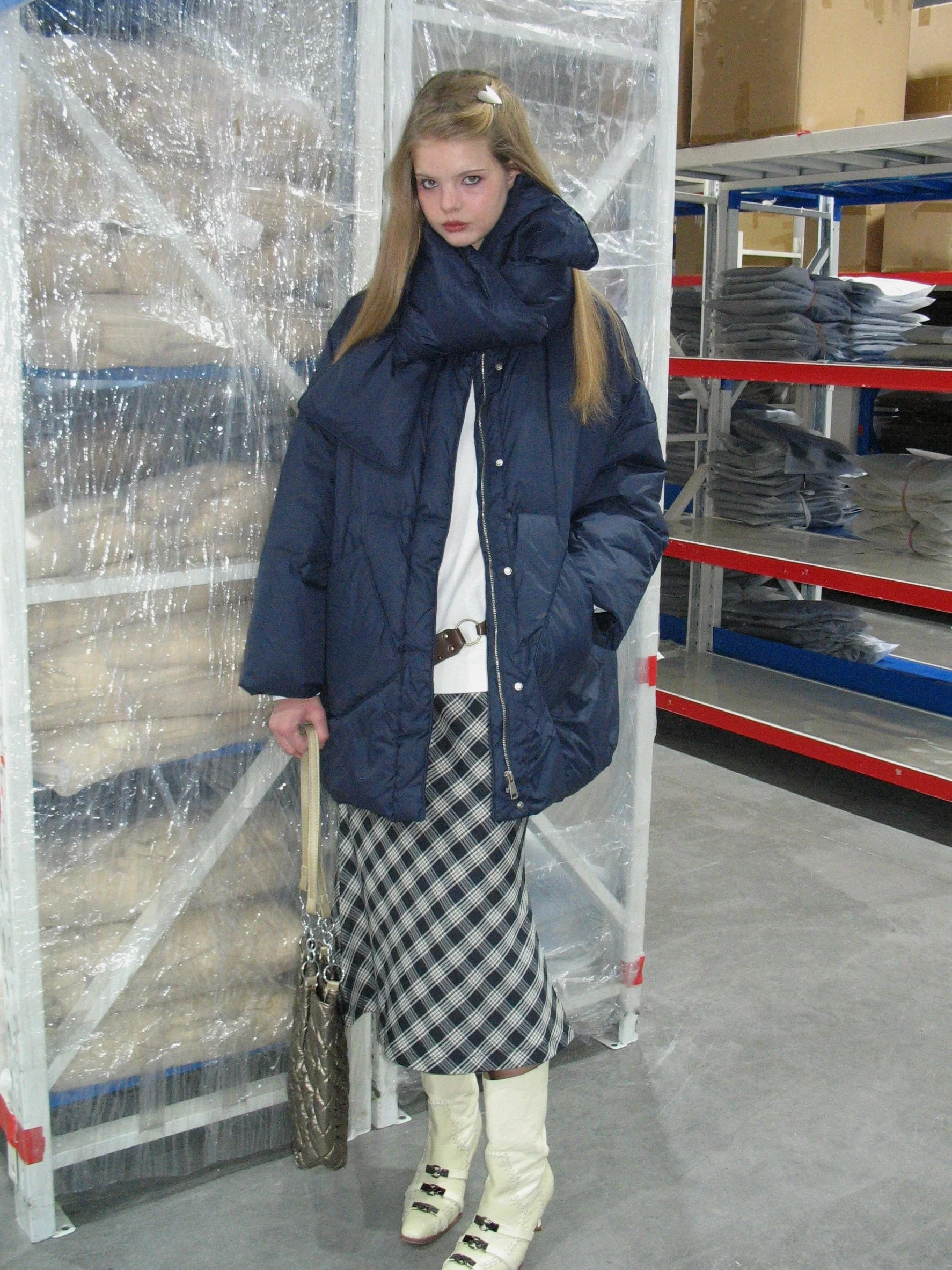 Navy Blue Down Jacket with Scarf