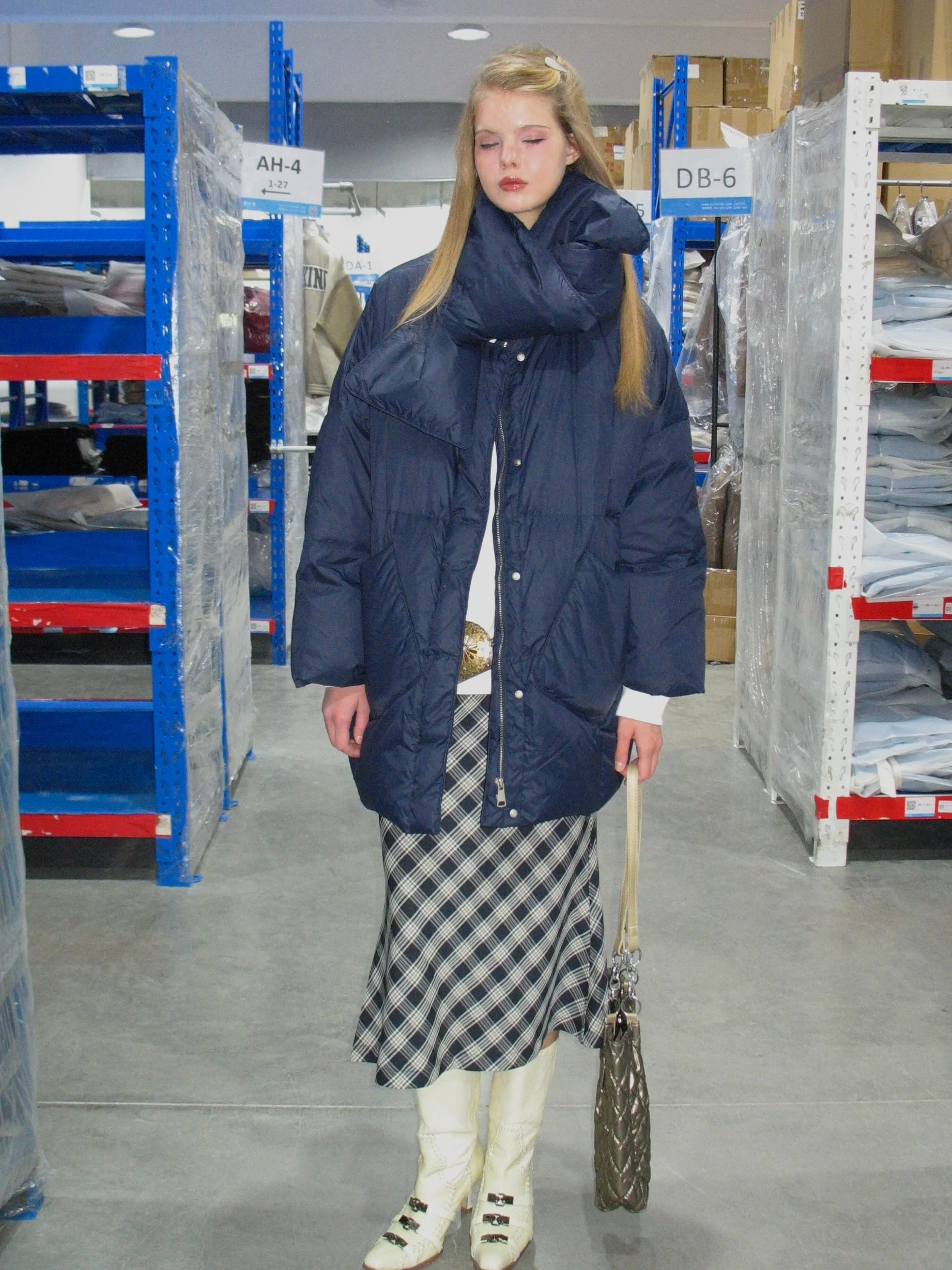 Navy Blue Down Jacket with Scarf - Image 3