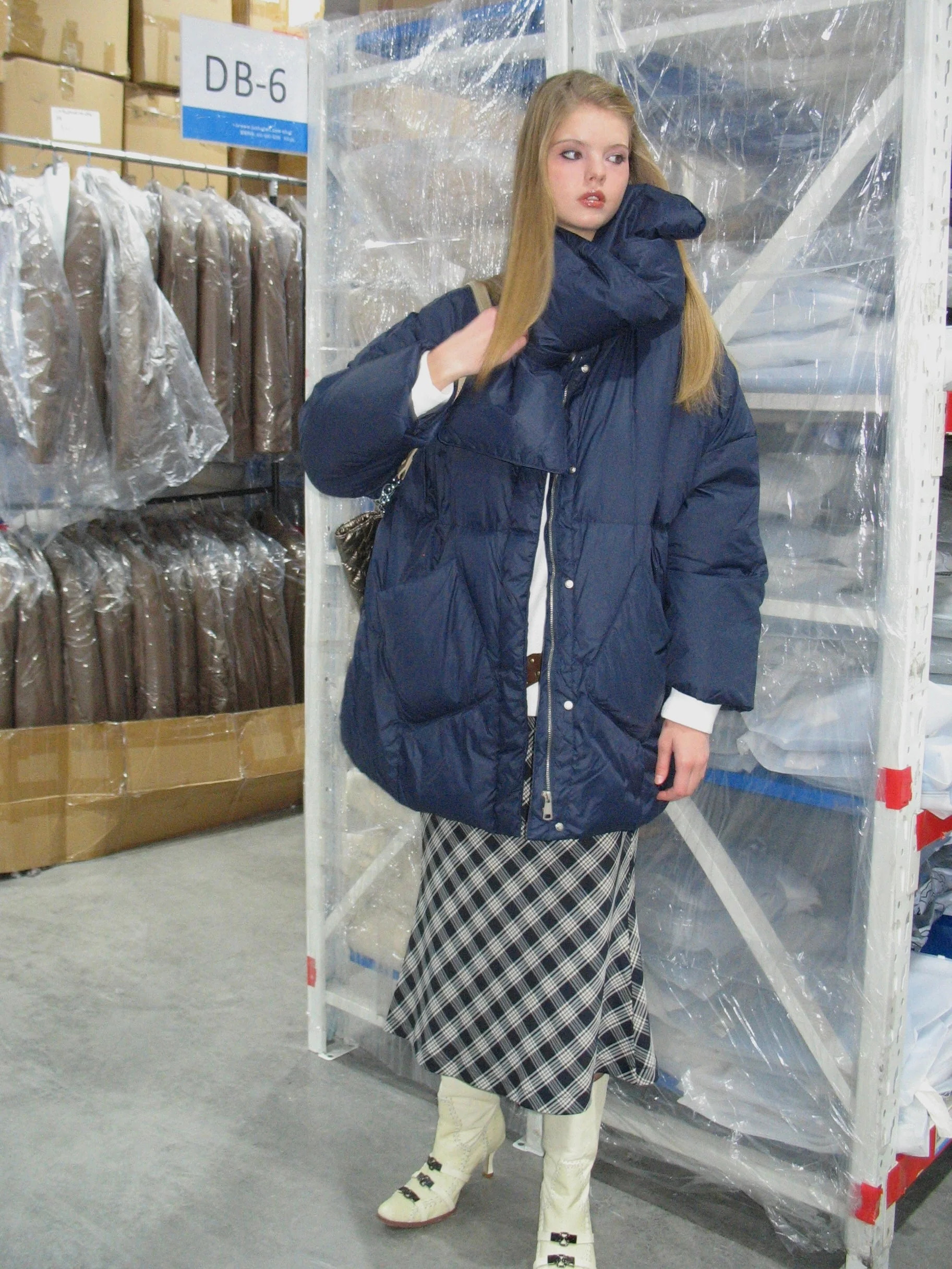 Navy Blue Down Jacket with Scarf - Image 4