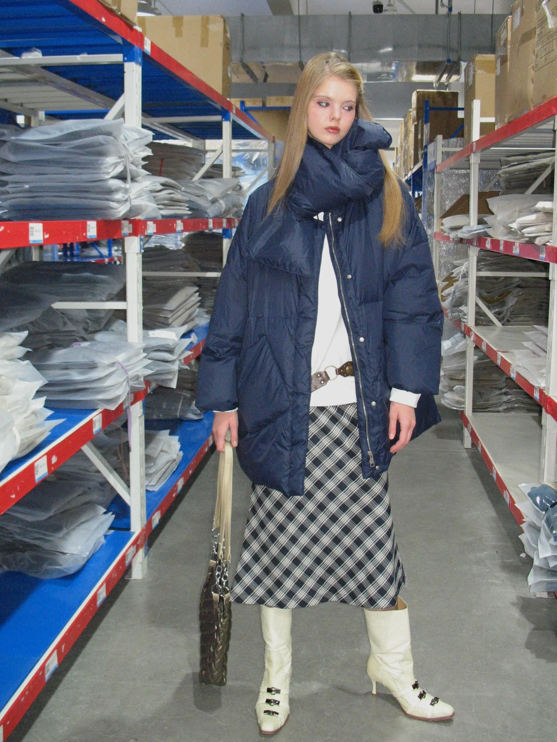 Navy Blue Down Jacket with Scarf - Image 5