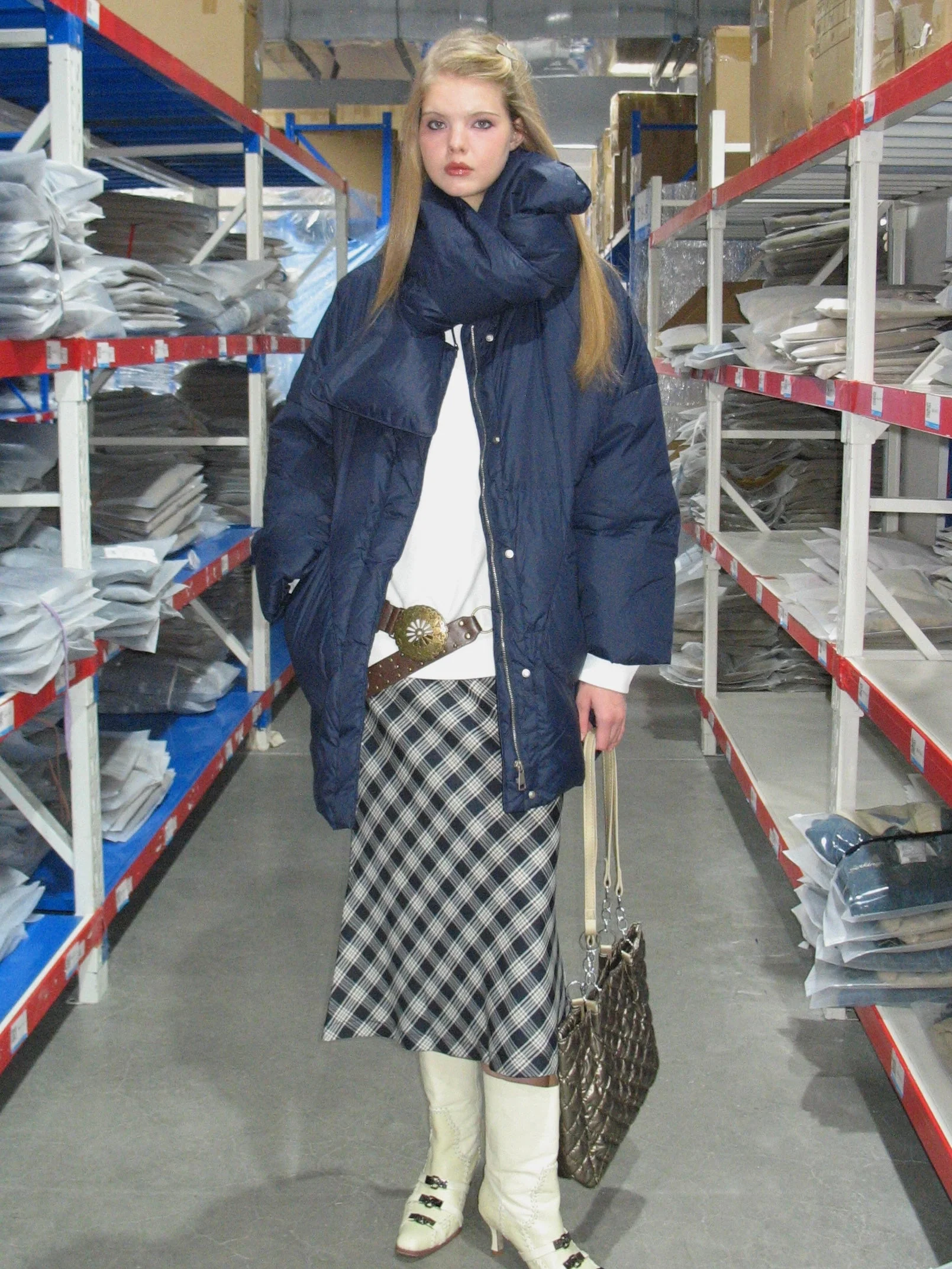 Navy Blue Down Jacket with Scarf - Image 7