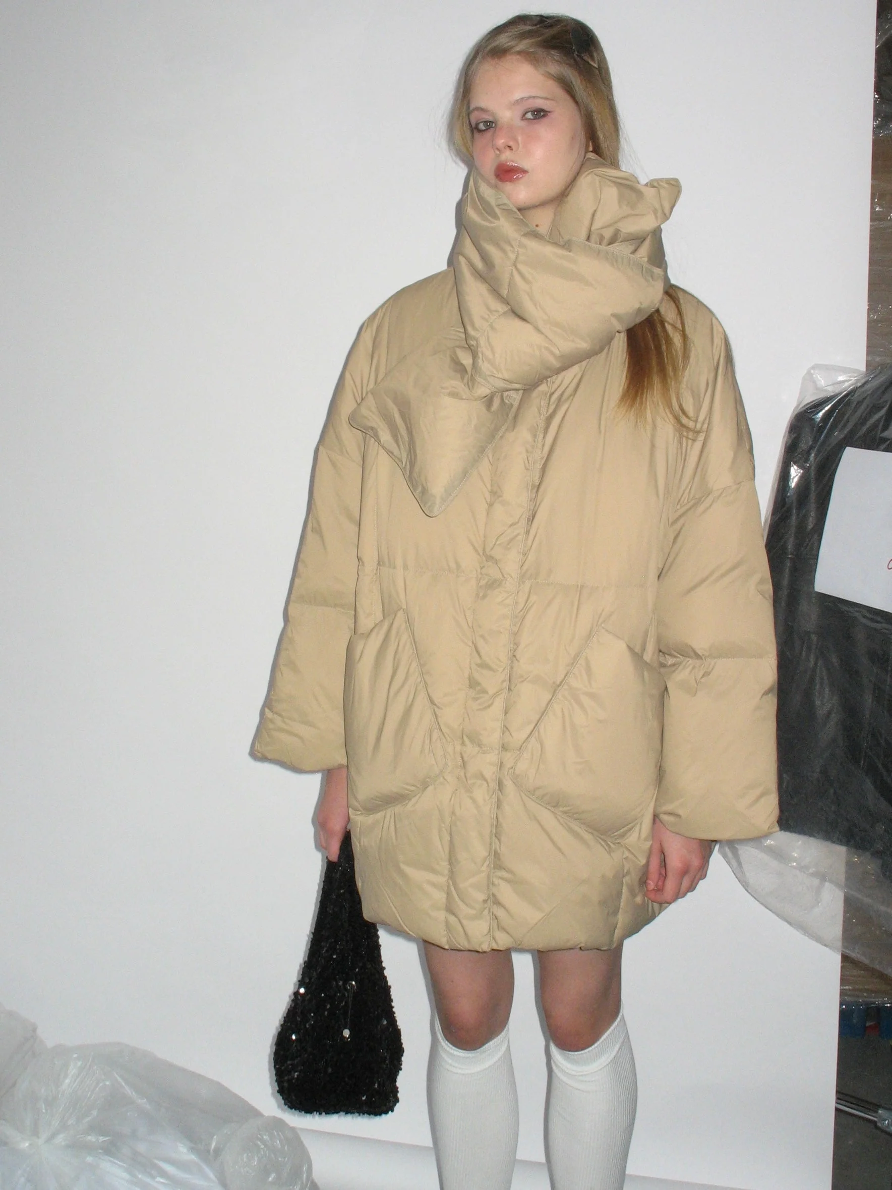Khaki Down Jacket with Scarf - Image 3