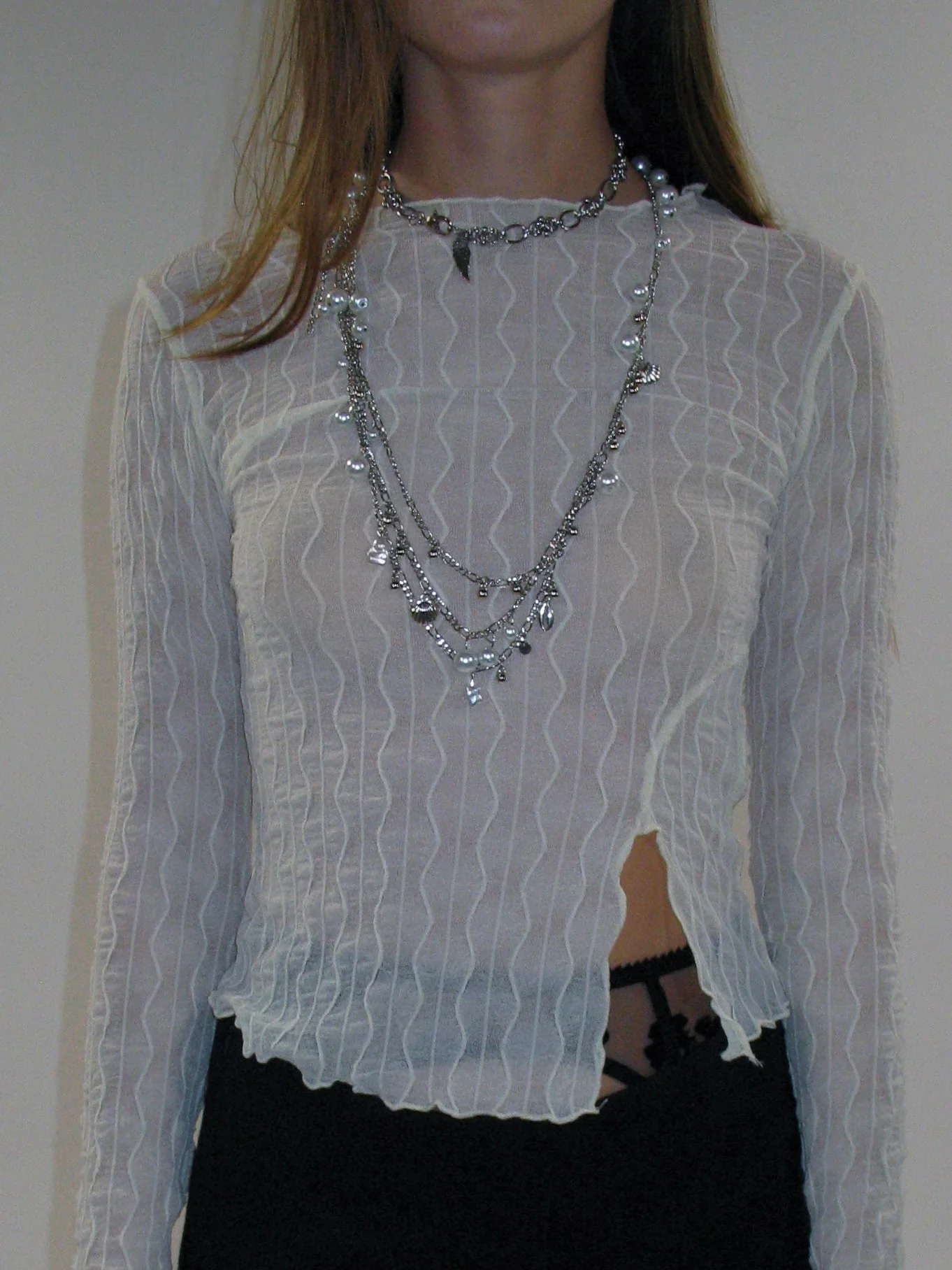French Jewel Neck Mesh Long Sleeve/ Apricot - Image 4