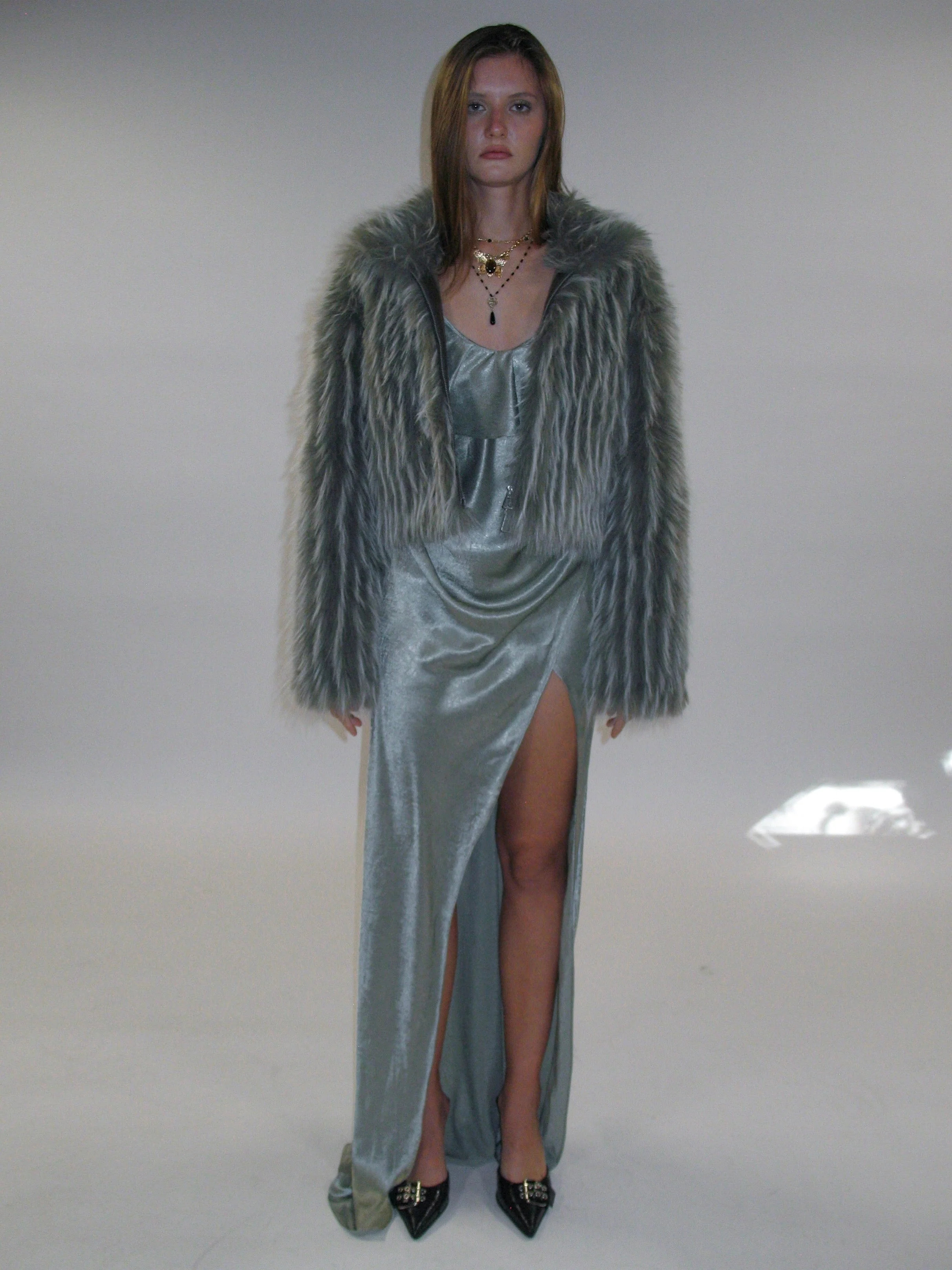 Gray Plush Faux Fur Coat - Image 8