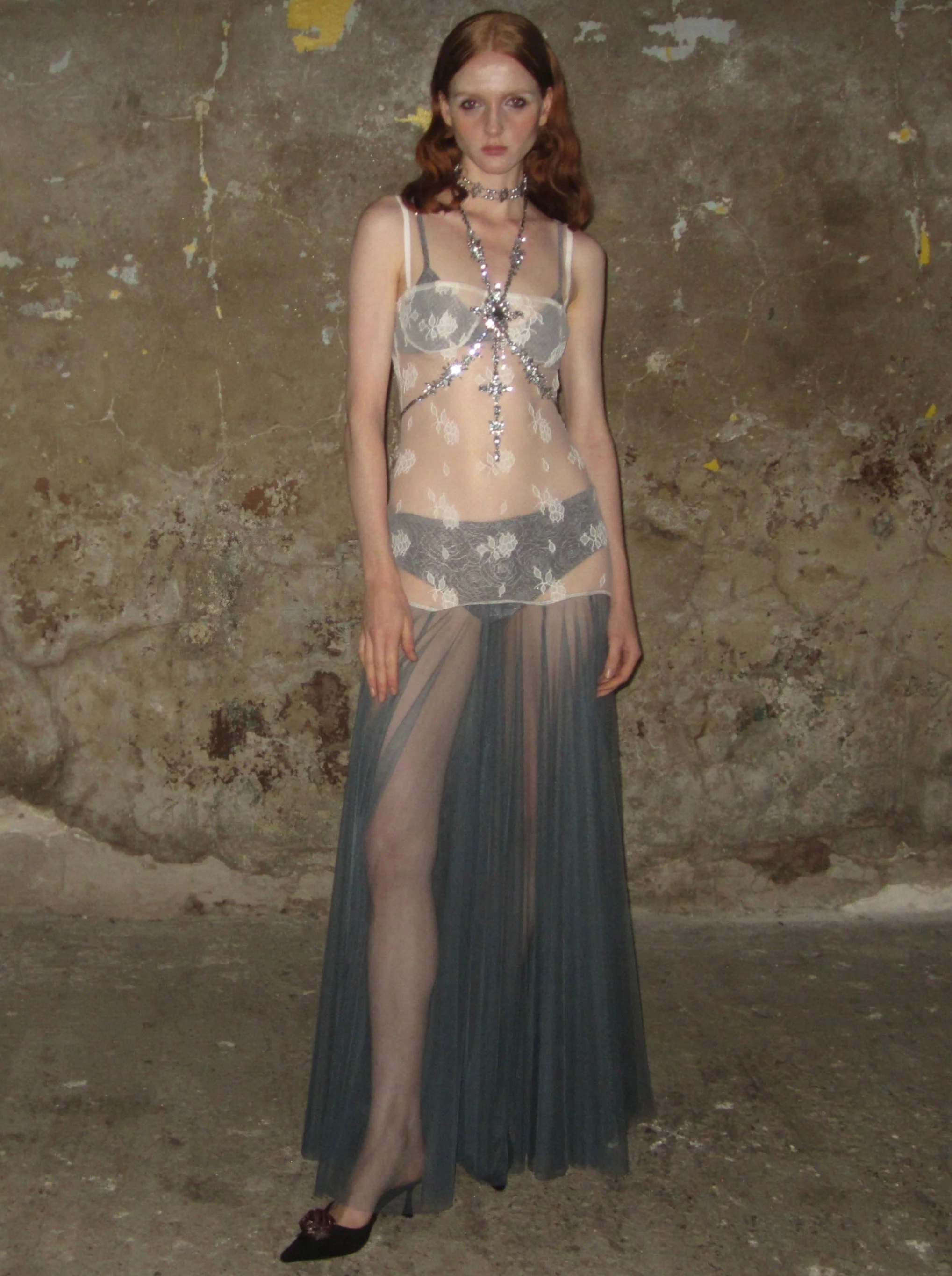 Lace color-block tulle Dress /Apricot-blue