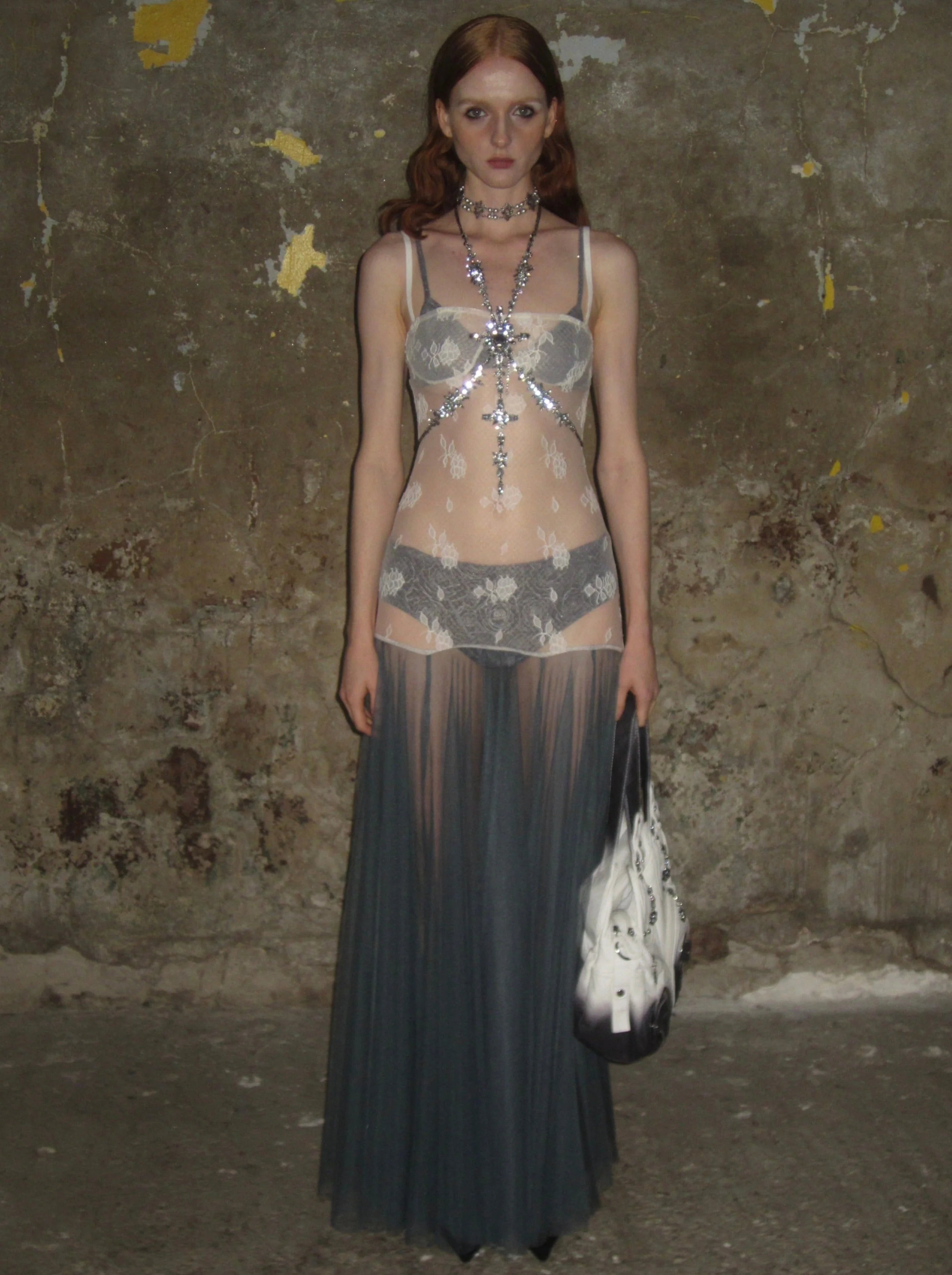 Lace color-block tulle Dress /Apricot-blue - Image 3