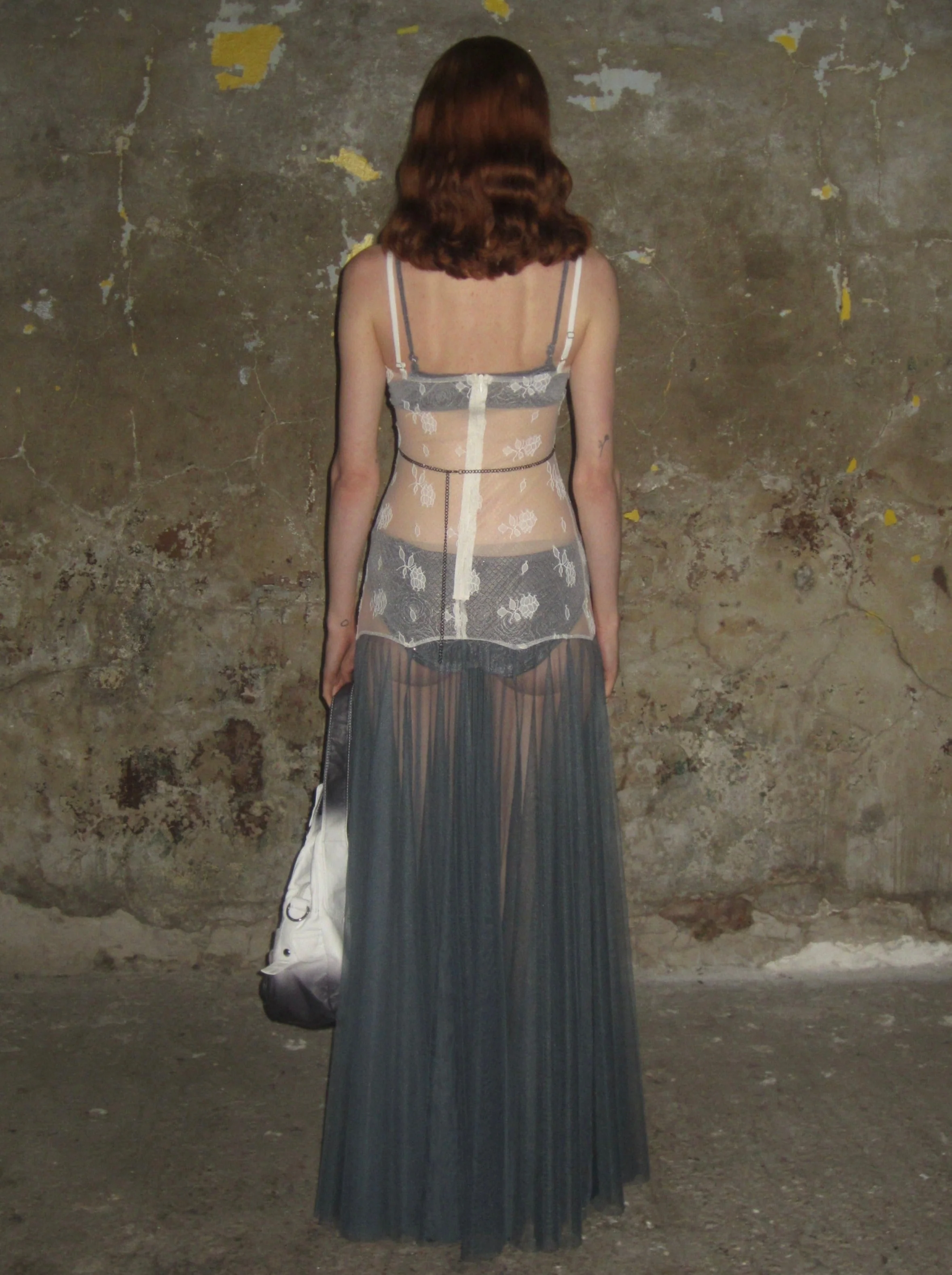 Lace color-block tulle Dress /Apricot-blue - Image 4