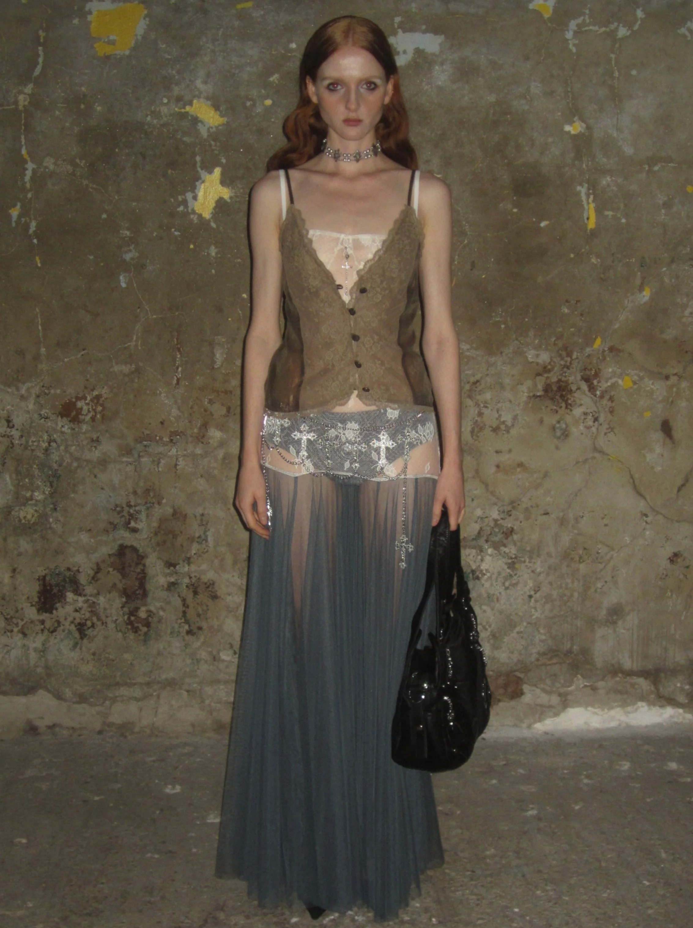 Lace color-block tulle Dress /Apricot-blue - Image 9