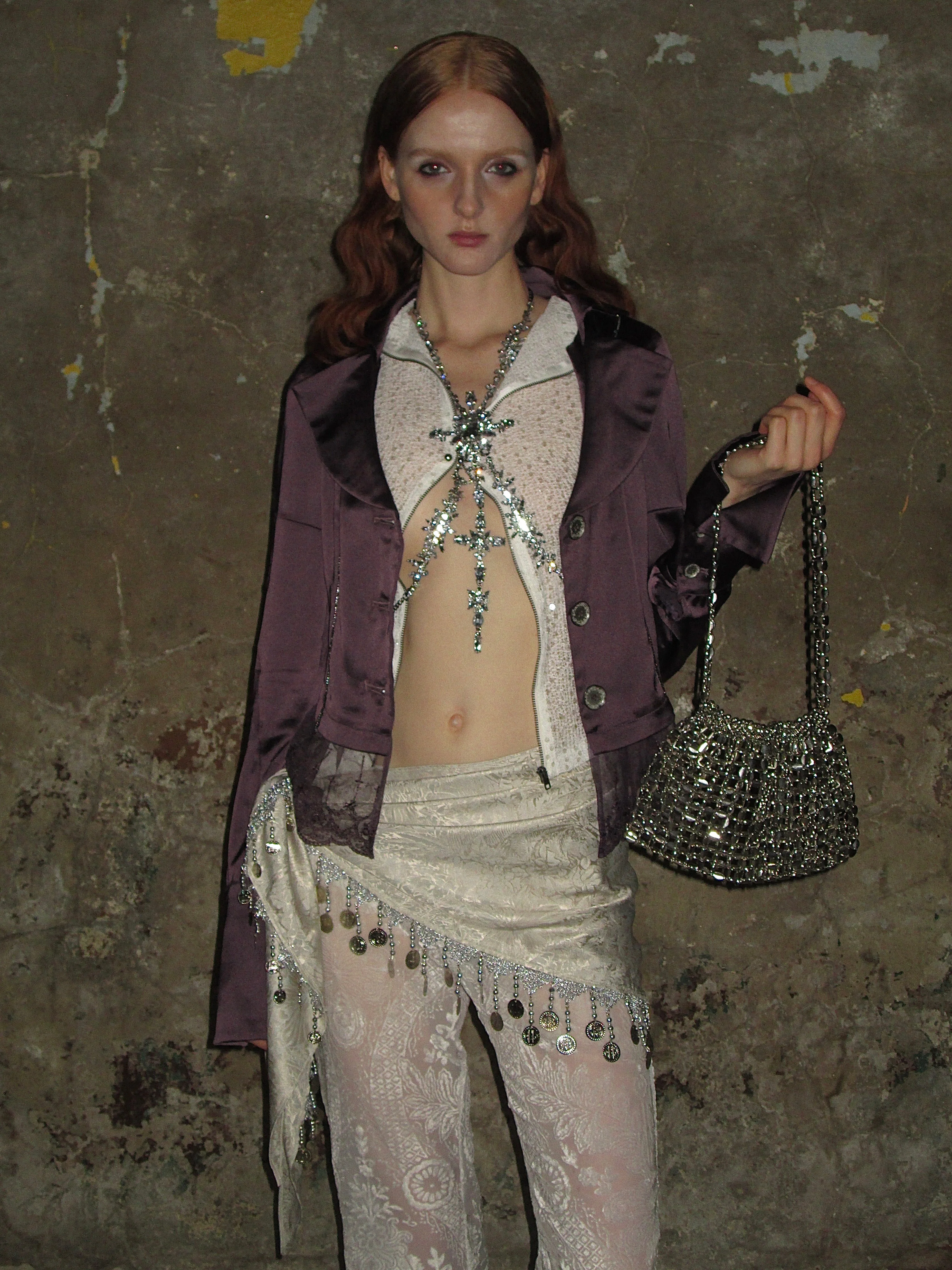 Lace-trimmed Satin Sparkly Blazer /Purple - Image 8