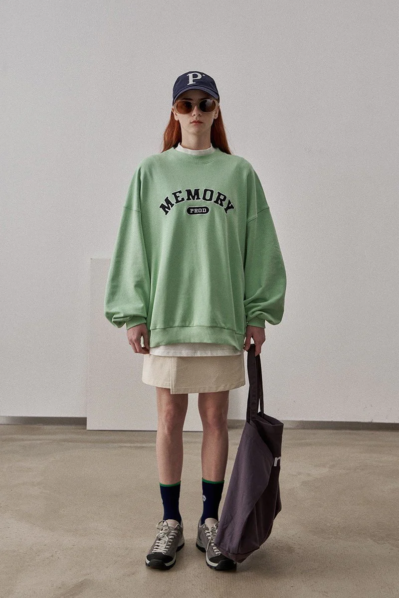 Loose Fit Memory Letters Embroidered Crewneck Sweatshirt / Honeydew Green - Image 4