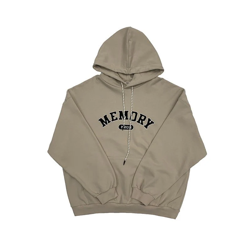 Loose Fit Memory Letters Embroidered Hoodie / Beige - Image 2