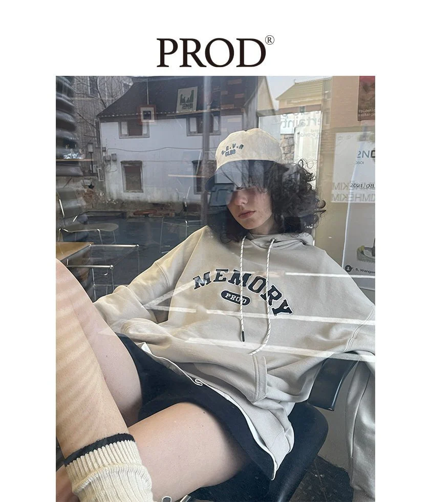 Loose Fit Memory Letters Embroidered Hoodie / Beige - Image 4