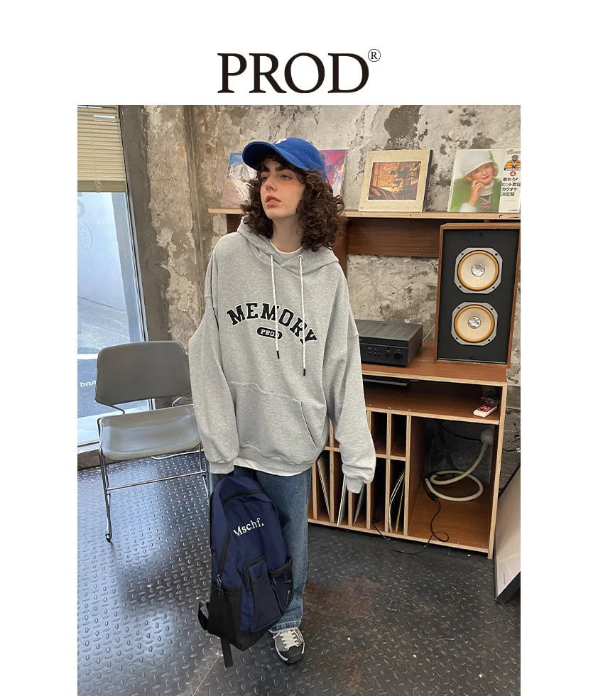 Loose Fit Memory Letters Embroidered Hoodie / Melange Grey - Image 6