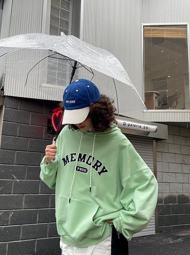 Loose Fit Memory Letters Embroidered Hoodie / Honeydew Green - Image 2