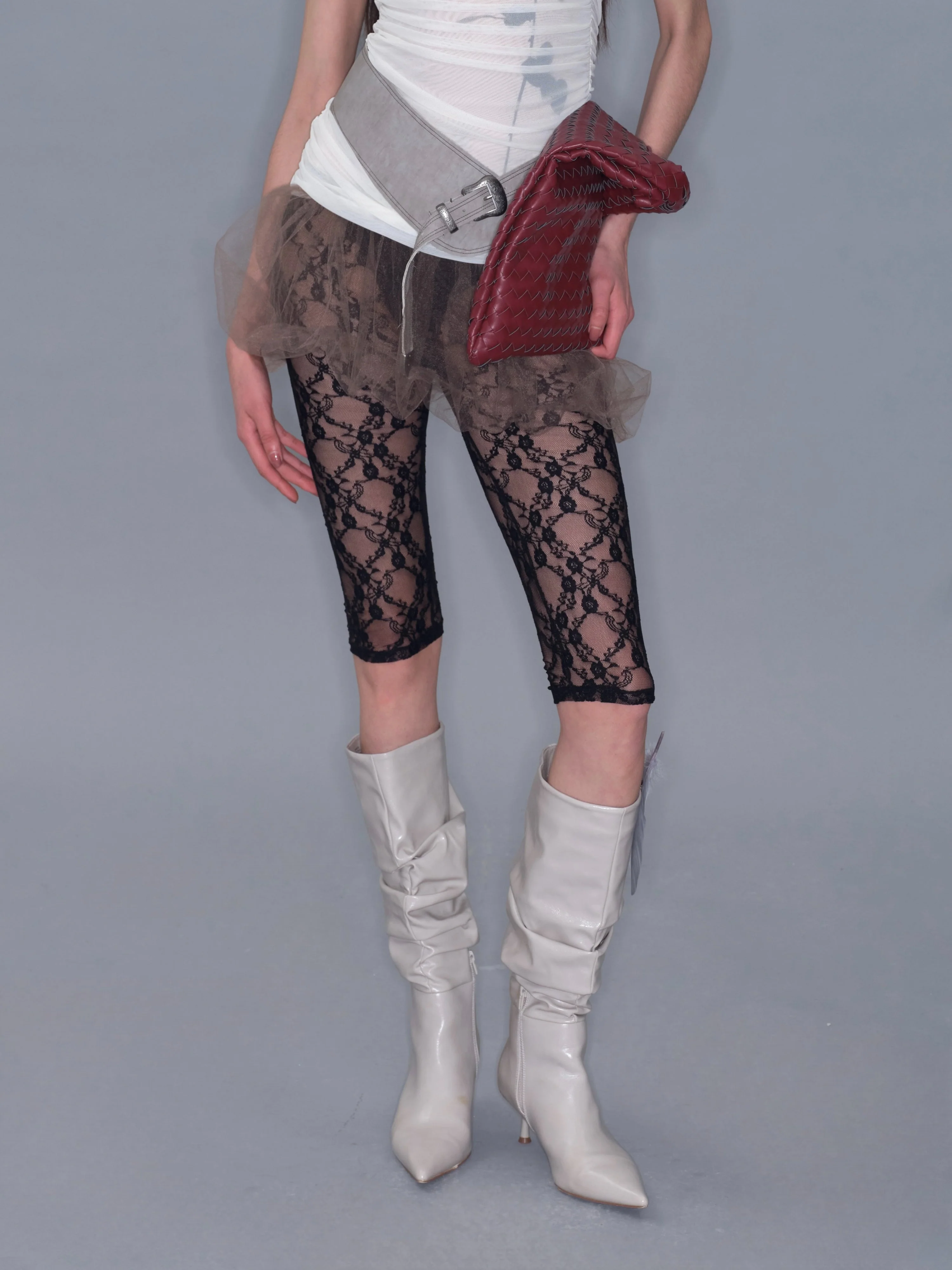 Mesh Lace Cropped Leggings/ Black - Image 3