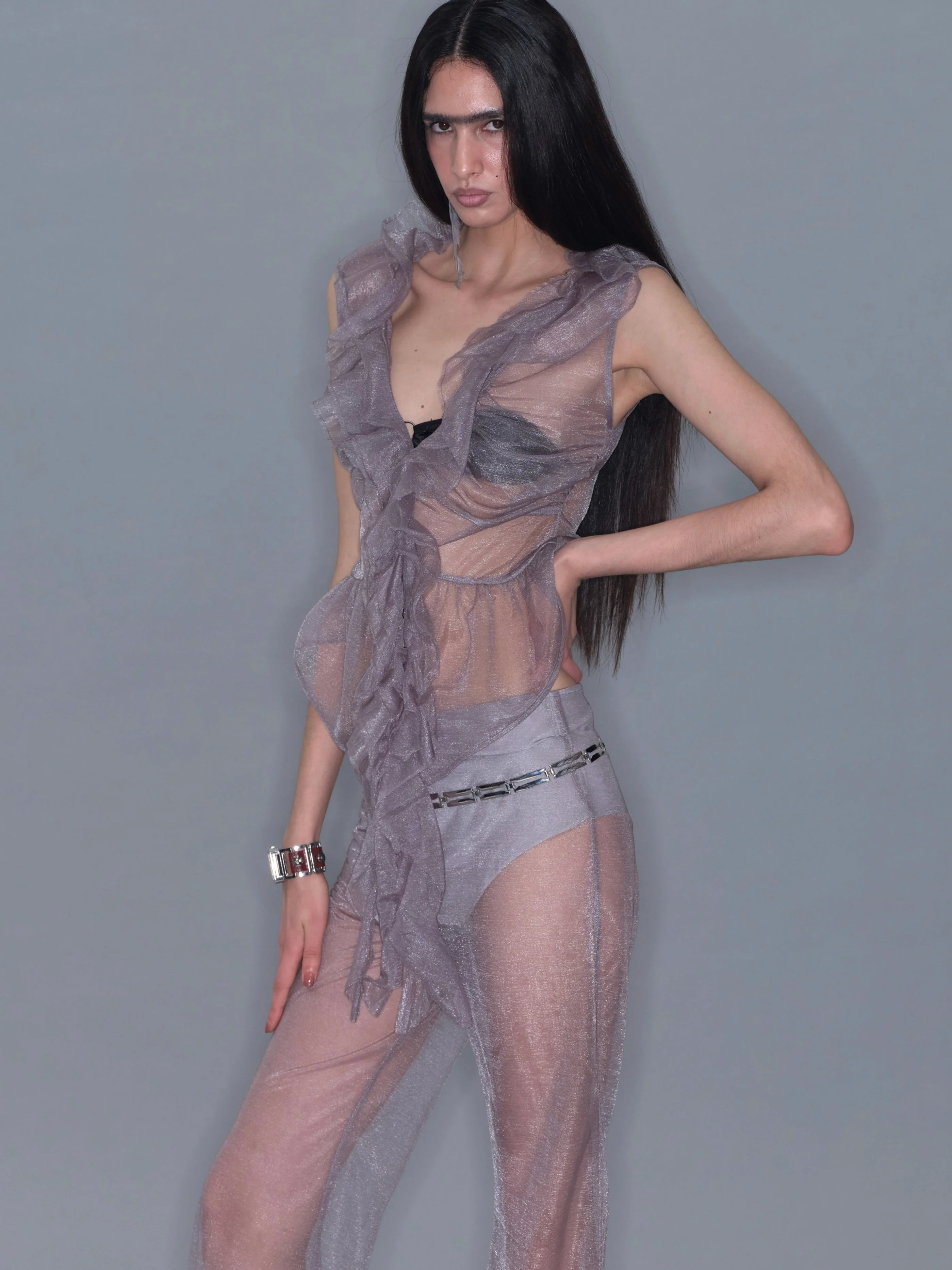 Mesh Ruffle Sleeveless Cardigan Tank Top/ Gray - Image 4