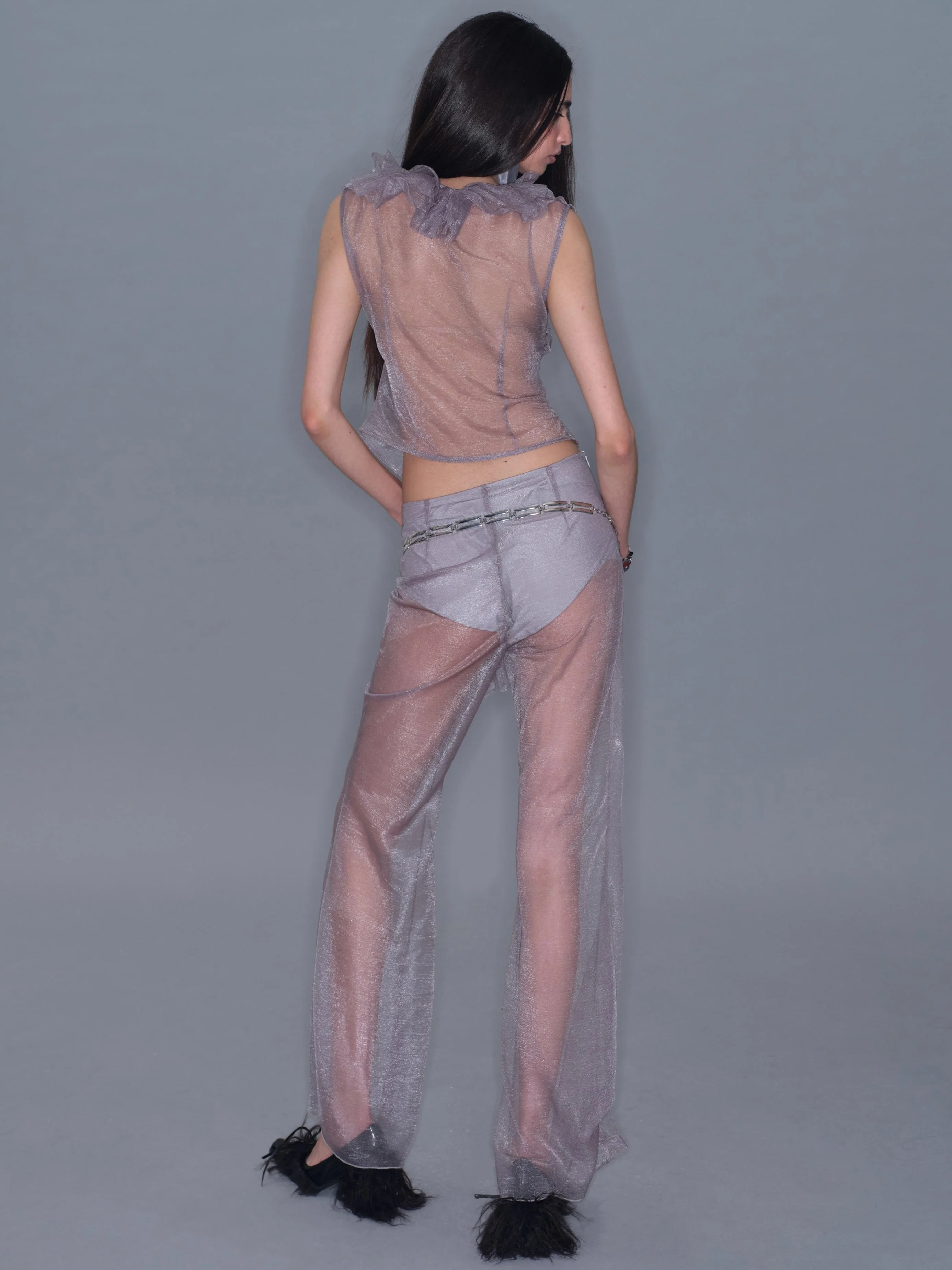 Mesh Ruffle Sleeveless Cardigan Tank Top/ Gray - Image 5