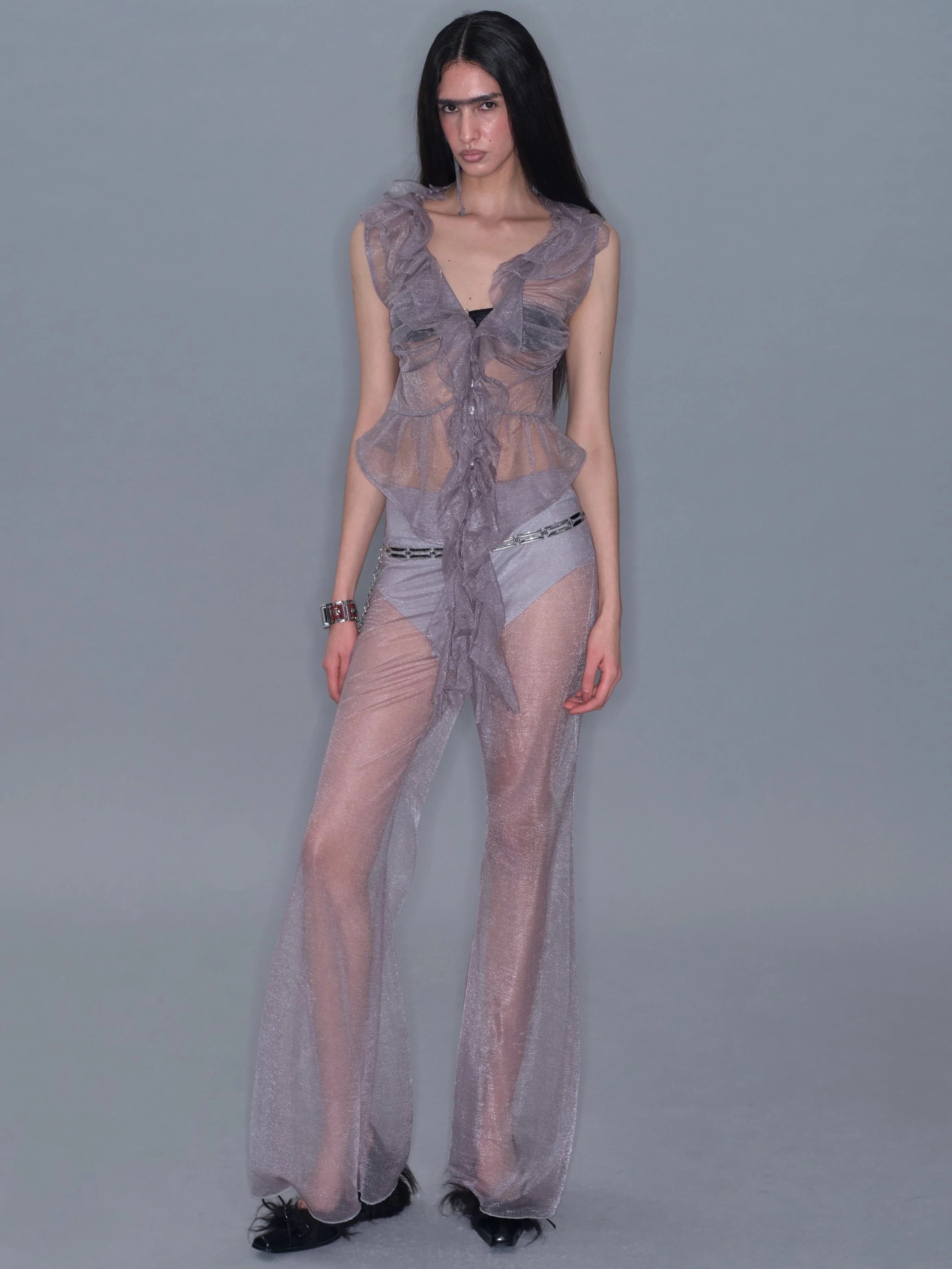 Mesh Ruffle Sleeveless Cardigan Tank Top/ Gray - Image 7