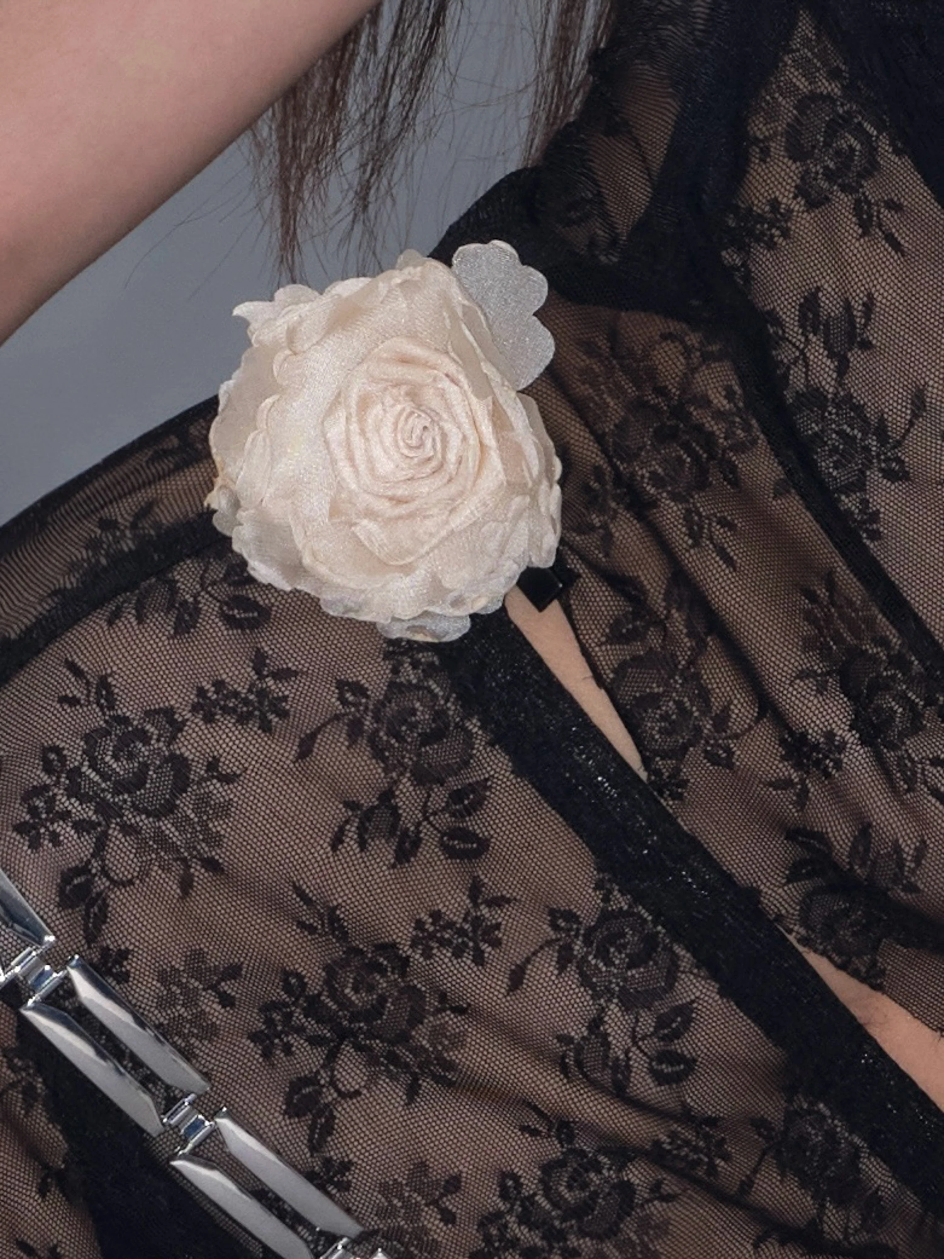 Mesh Side Slit Lace Dress/ Black - Image 4