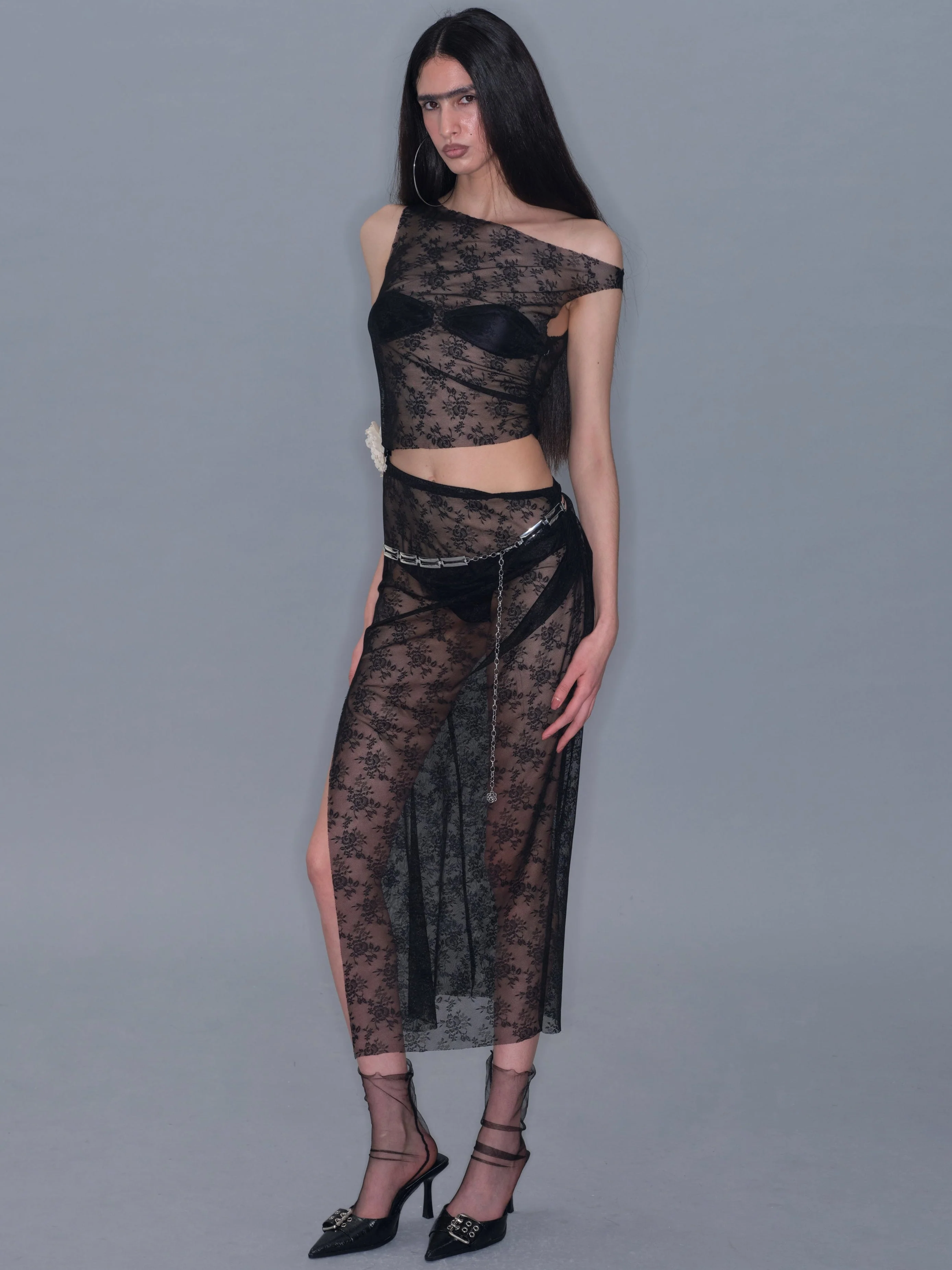 Mesh Side Slit Lace Dress/ Black - Image 9