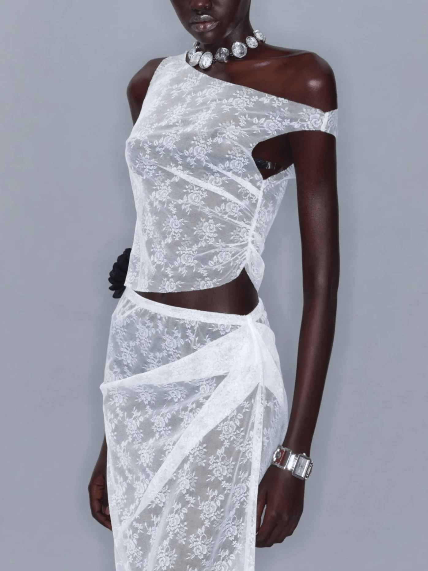 Mesh Side Slit Lace Dress/ White - Image 5