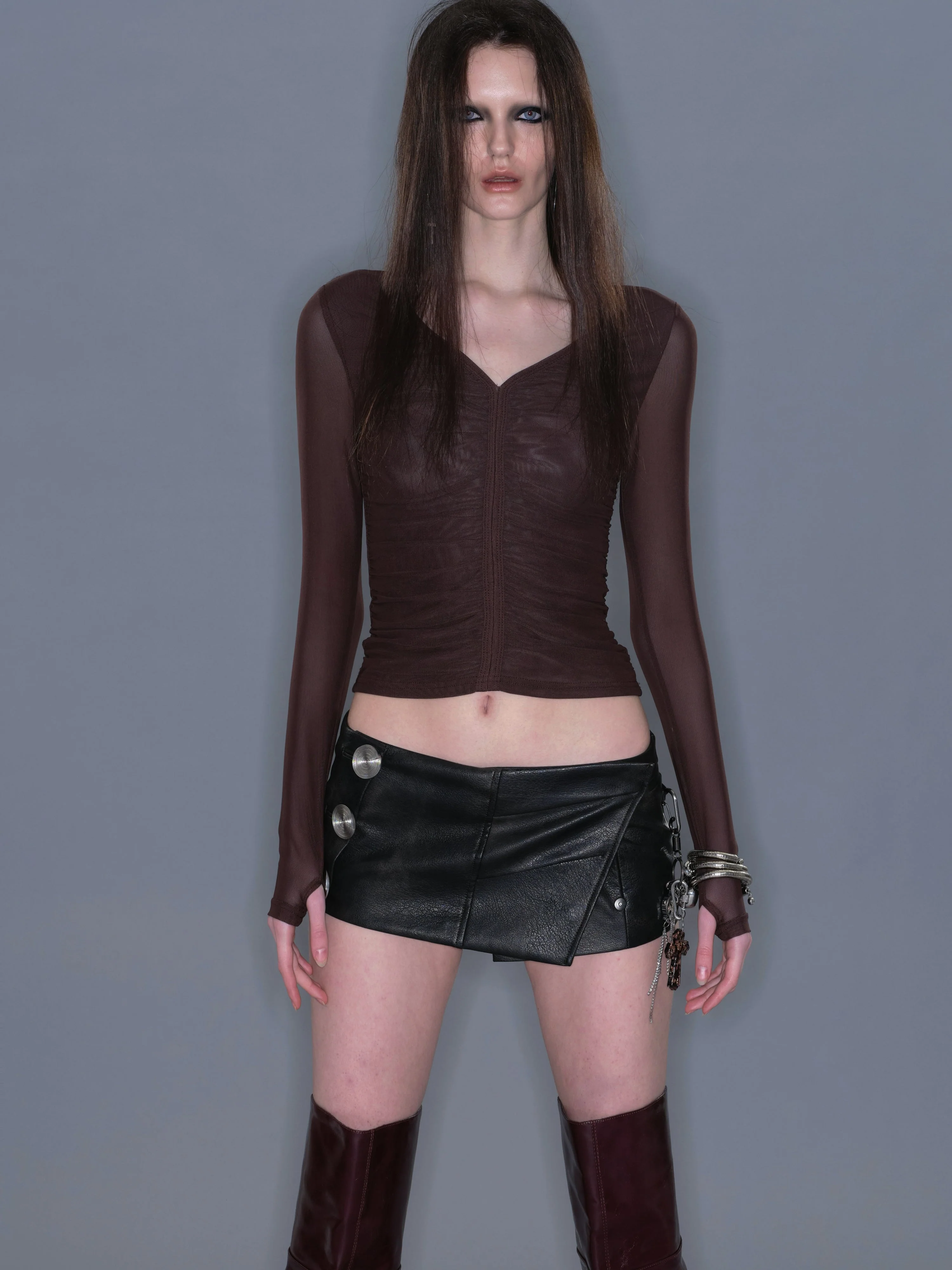 Metal Button Faux Leather Mini Skirt/ Dark Coffee - Image 4