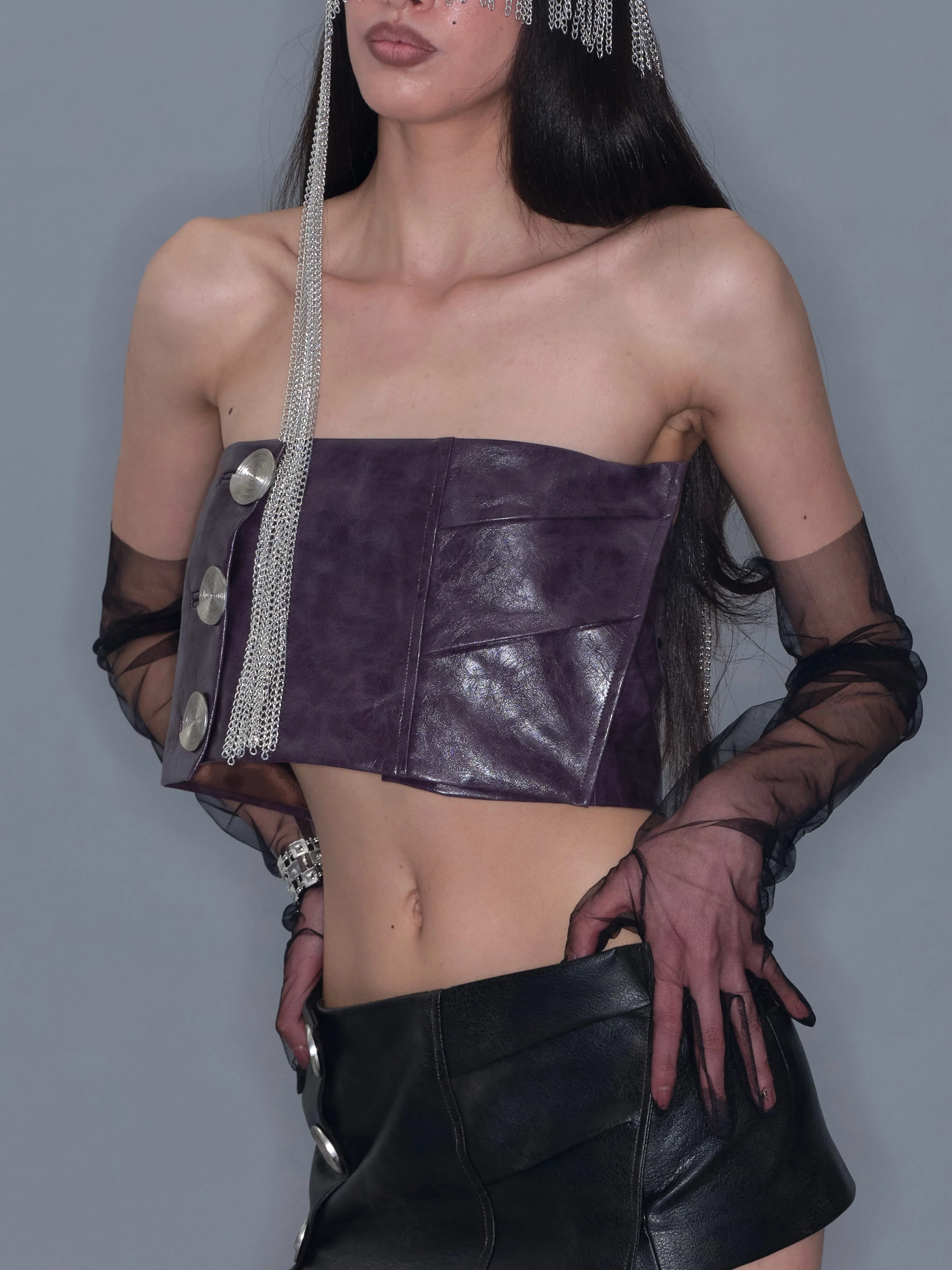 Metal Button Faux Leather Mini Skirt/ Purple - Image 14
