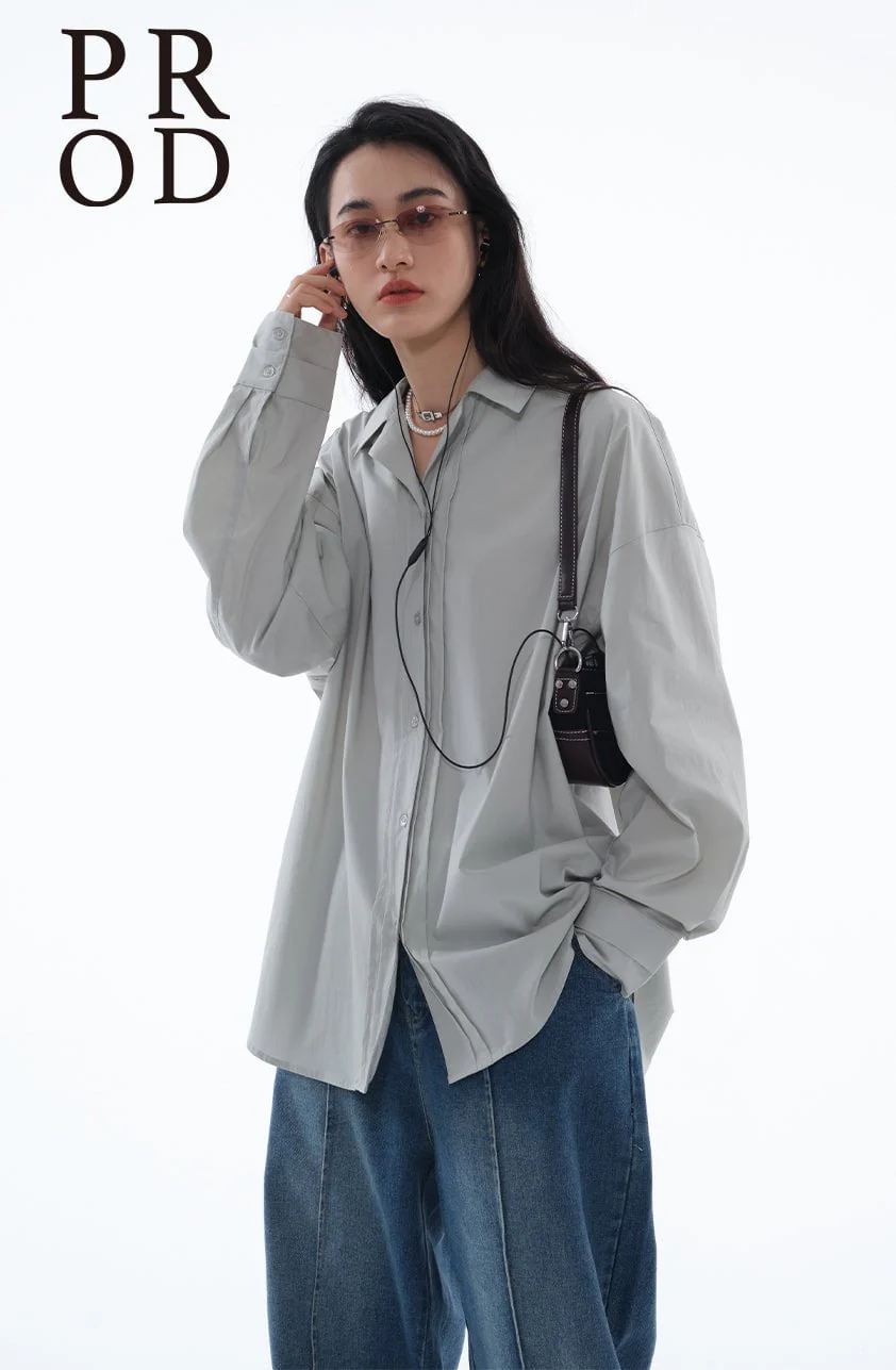 Oversized Textured Long Sleeve Blouse / Green Gray - Image 7