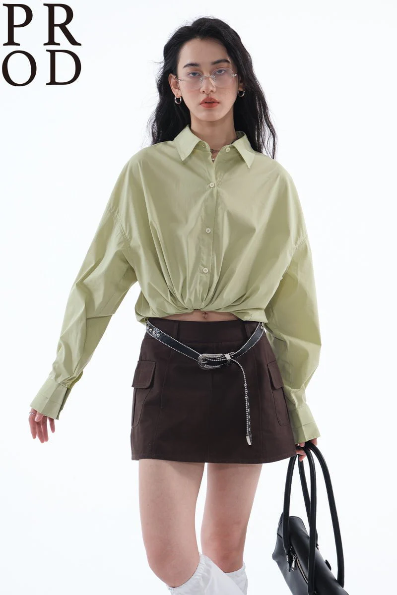 Oversized Plain Long Sleeve Blouse / Green - Image 2