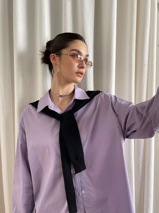 Oversized Plain Long Sleeve Blouse / Purple