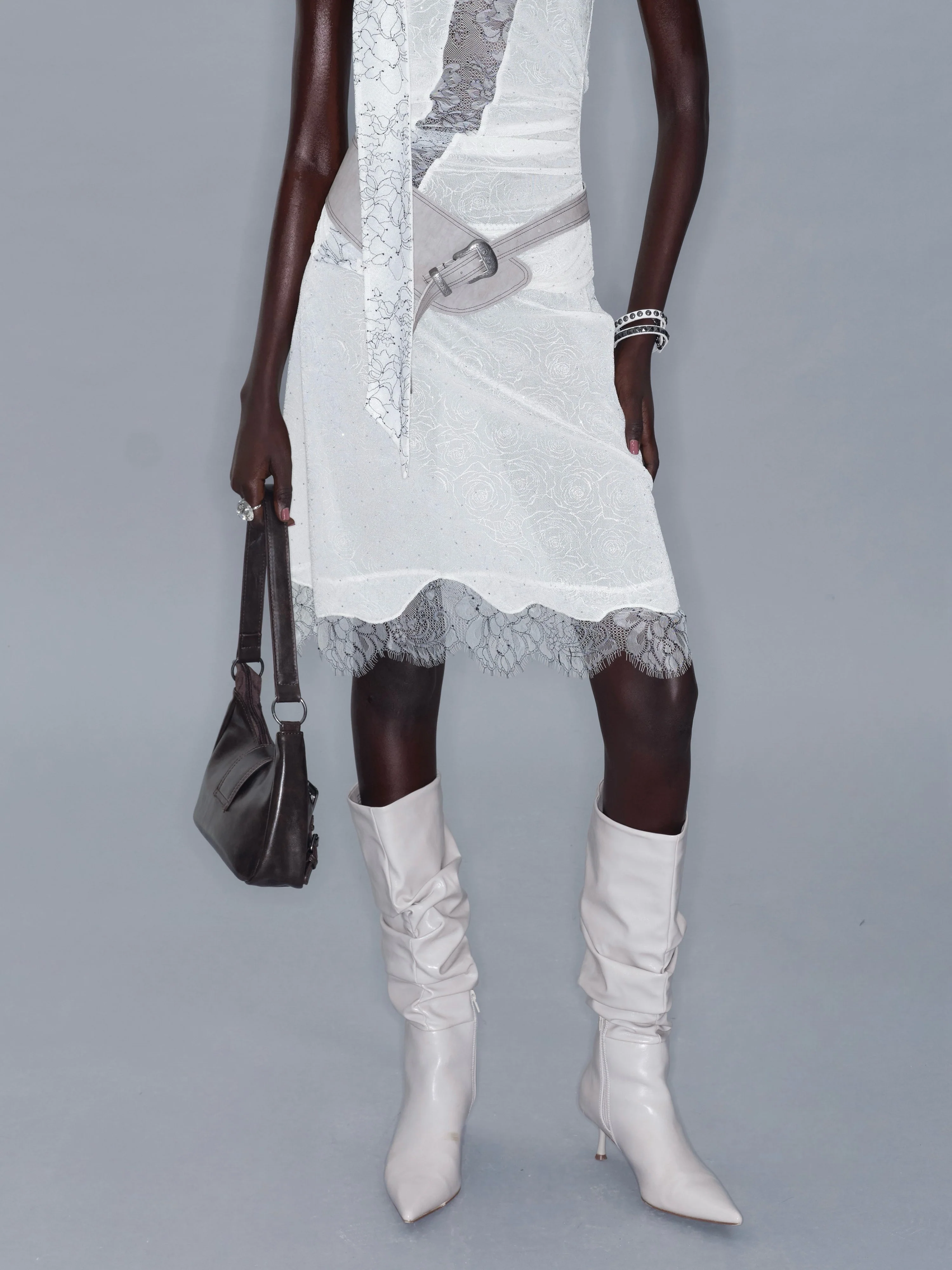 Rose Crystal Lace Trim A-Line Midi Skirt - Image 3