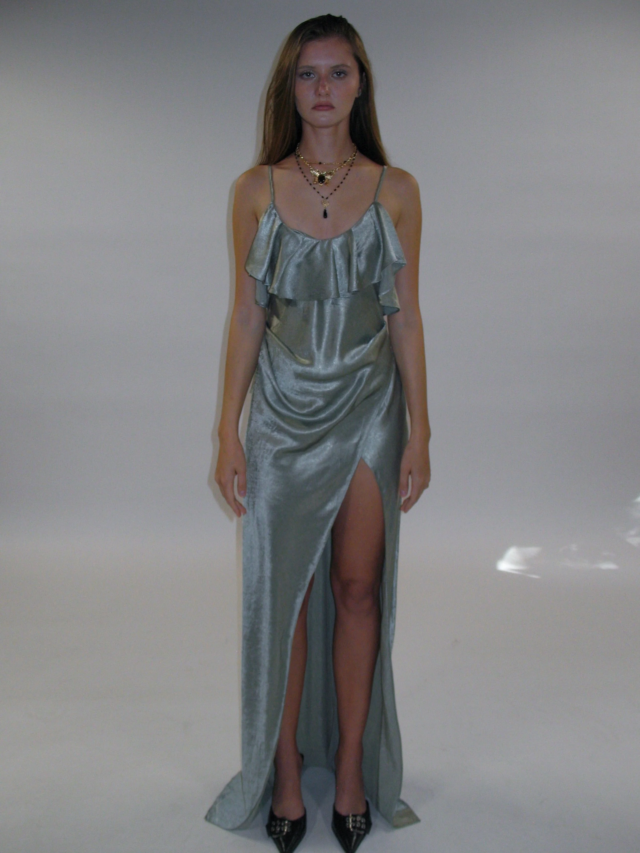 Satin Frill Strap Split Gown/ Light Green - Image 7