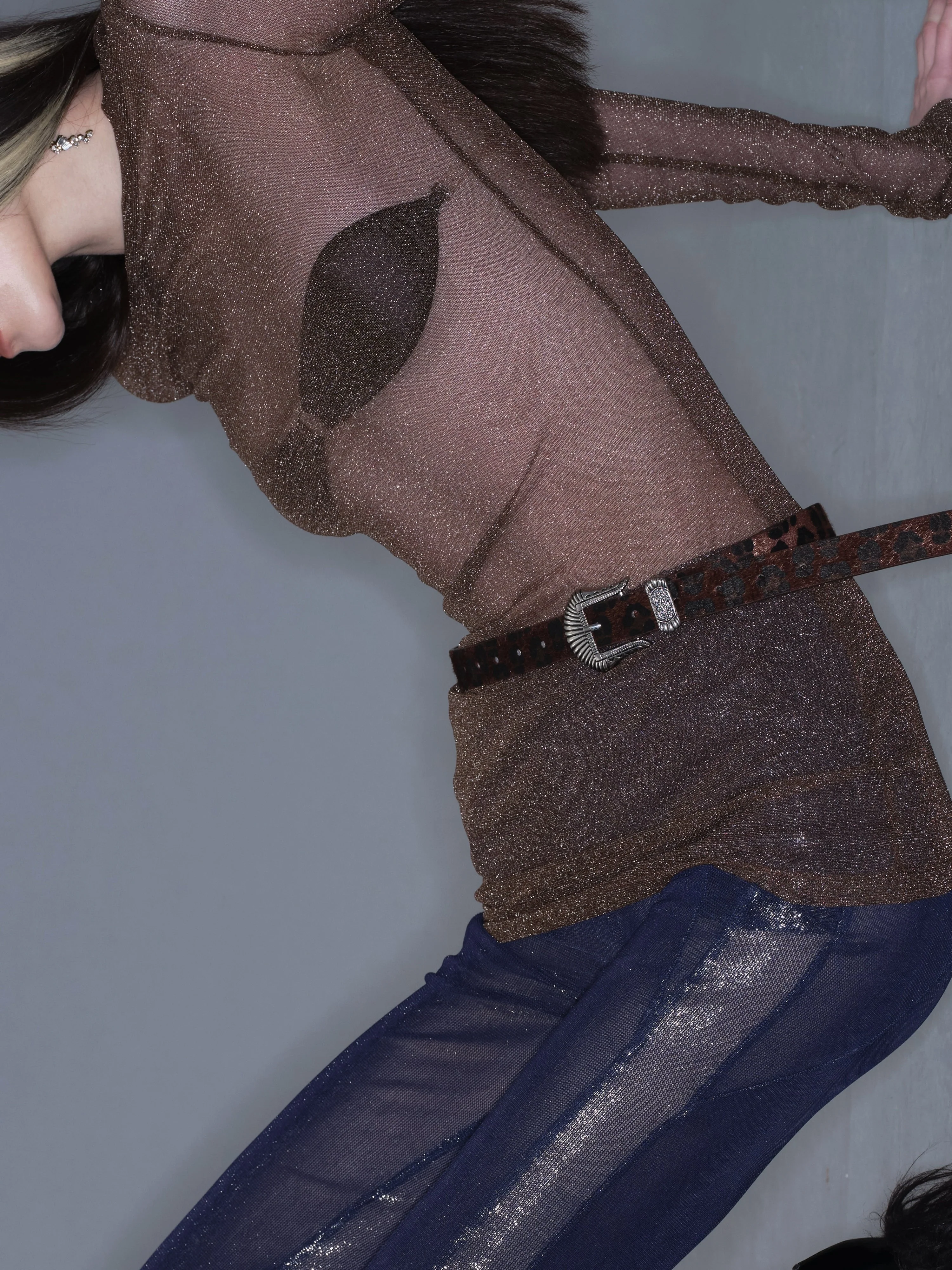 Sheer Metallic Long Sleeve/ Coffee - Image 2