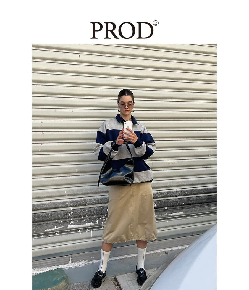 Loose Fit Striped Polo Sweatshirt / Gray Blue - Image 3