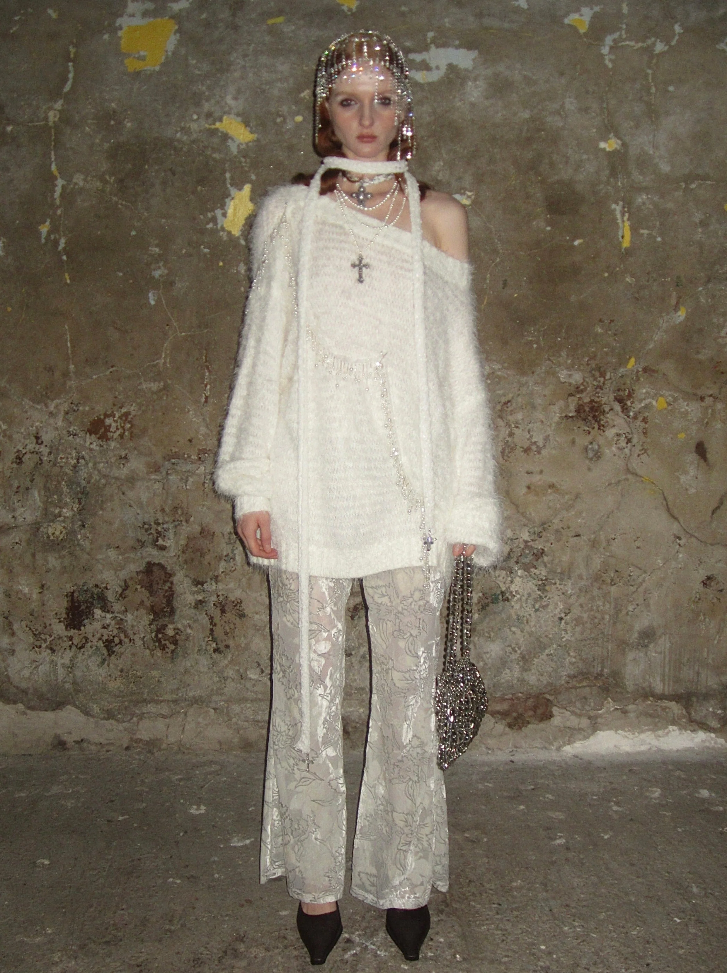 Velvet-flocked Semi-sheer Trousers /Beige - Image 17
