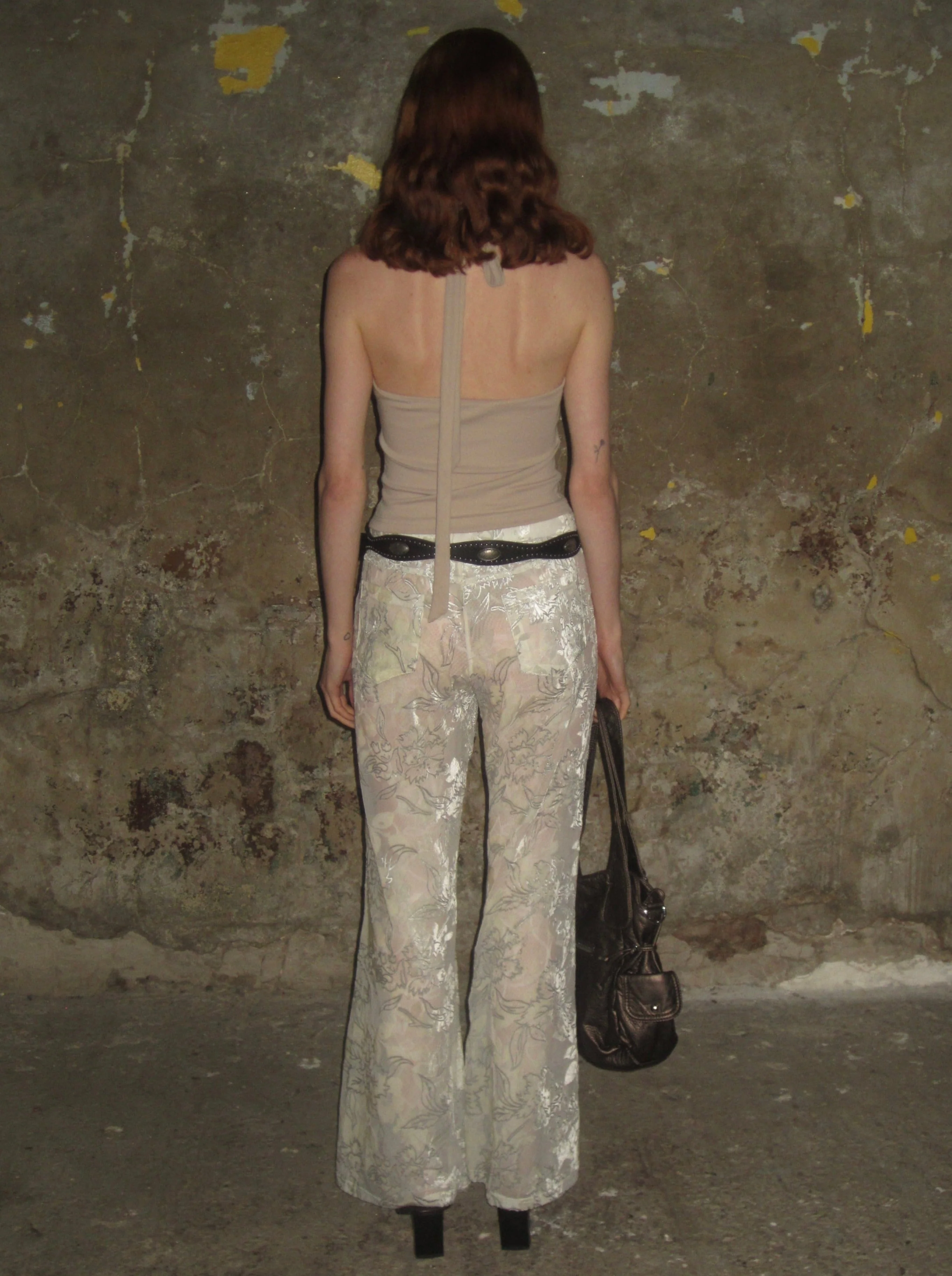 Velvet-flocked Semi-sheer Trousers /Beige - Image 4